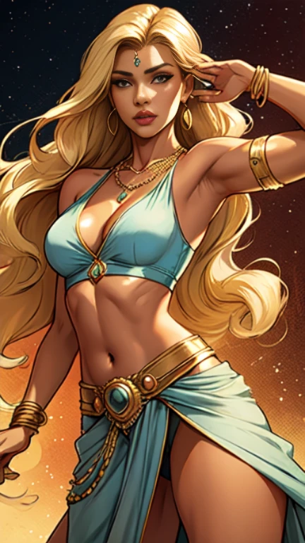 1woman 30year old, solo, long blonde hair, looking at viewer, navel, cleavage, bare shoulders, jewelry, medium breasts, earrings, midriff, belt, necklace, bracelet, lips, armlet, ((dynamic pose)), ((dynamic angle)),