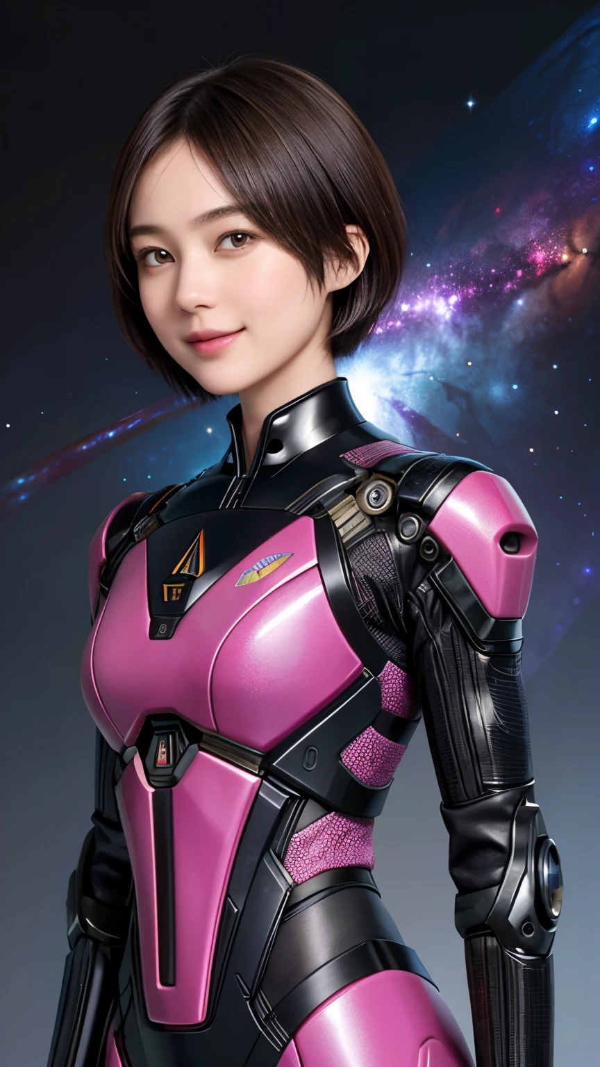 208 Short Hair, 20 year old female, Floral, gentle smile, Futuristic clothing, mechanical suit, (The background is a galaxy and nebula)