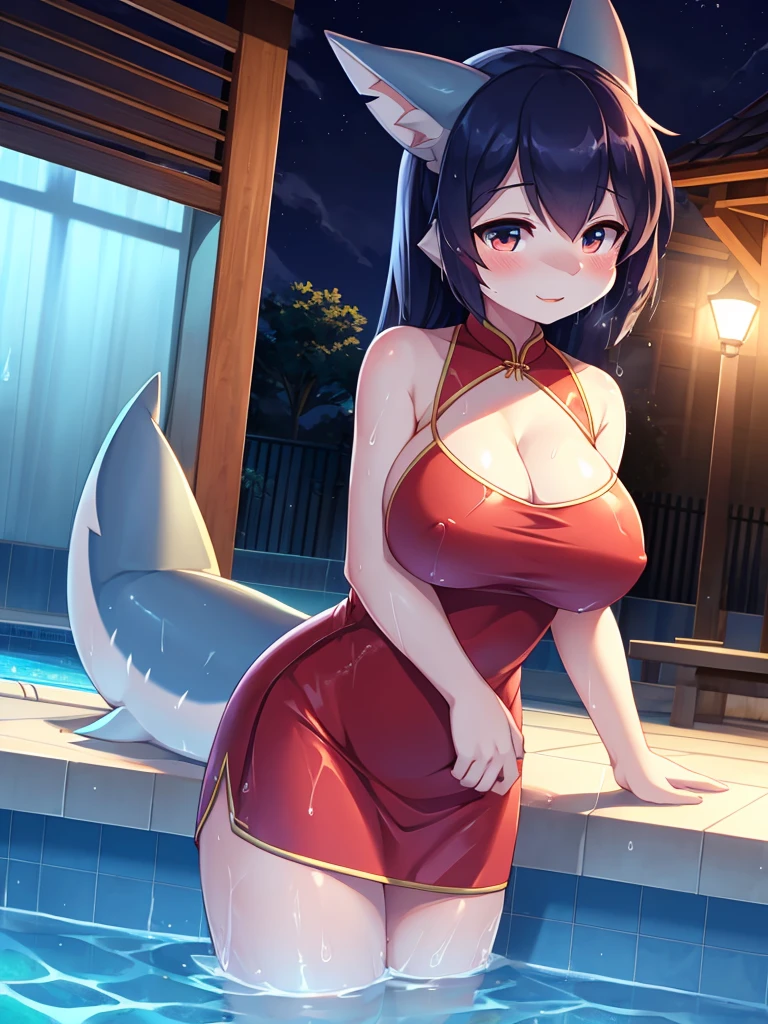 shark girl,furry,Cute Moe,big breasts,Good quality,Good resolution,go to swimming pool,Cheongsam dress,Wet,nighttime,Good light and shadow details ,shade,sexy pose,