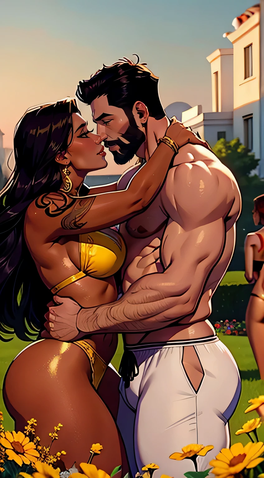 One Handsome short-haired tall huge beefy muscular Chad Man in the center hugging four beautiful bitches tackling him and touching him and feeling him, dressed like Greek gods, perfect bodies with nice asses, women: very long flowing hair, flowers in hair, seductive, tattoos, ornate materials, golden hour, , jewelry, 8k photography, raytracing, photorealistic, masterpiece, in love, grins, perfect faces, Flirtatious, setting: a beautiful garden flowers meadow, harem, watercolor, racially diverse, kissing each other, adoration, worship, One Man four women, ((1 Man Without Clothes 4 Women hugging))