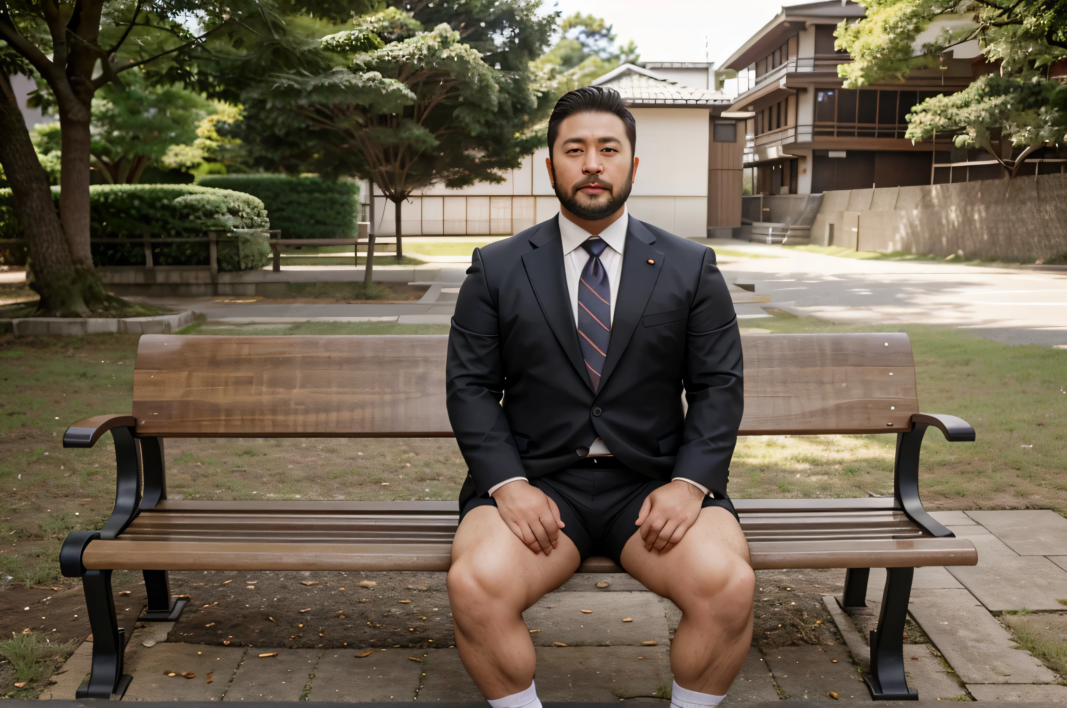 a shirtless 35-year-old stocky chubby thick Japanese rugby player with short hair with glasses wearing only white briefs sitting on a bench and wide open legs in a park. big bulge. big crotch
