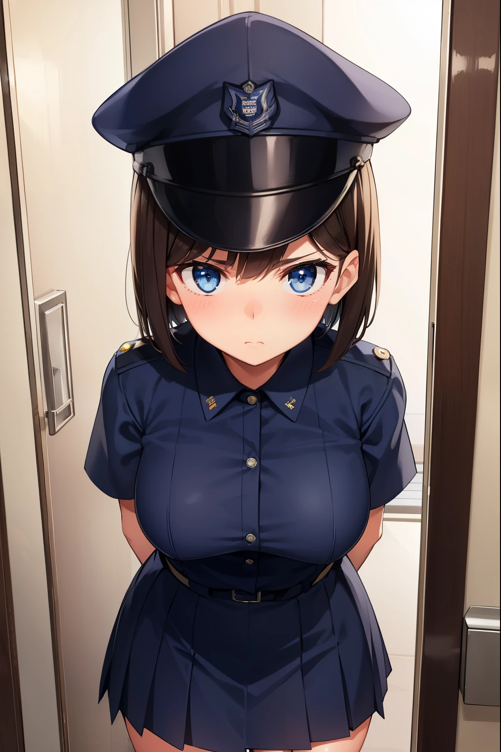 zhu yuan, orange eyes, black hair, long hair, streaked hair, ponytail, metal hairband, police uniform, blue jacket, cropped jacket, long sleeves, black vest, two-tone vest, black gloves, green necktie, plaid necktie, black pants, high-waist pants, belt, thigh straps, knee pads, holster, tight pants, blue footwear, Big breasts, nude, red gag, Blushing, frowning, Bondage and BDSM, Whole body, kneeling position on the floor, Ball Gag, red gag, Arms behind back, arms tied, bdsm, bondage, bound, bound legs, shibari, rope, spread legs, barefoot, arms behind back, bondage shibari, saliva, drooling, excessive saliva, pussy vibrators, Takate Kote, Panting, ((Blindfolded eye, Blindfold around the head )), Cat position, Nipple piercing, Takeda Hiromitsu