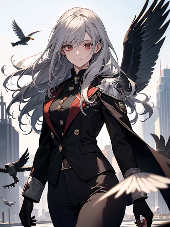 (confused, High resolution, Super detailed), 1 female, silver hair,long hair,crow,Crows flying behind,Carried on shoulder,reddish brown eyes,black pilot jacket,Black and white suit,20th generation,Beautiful woman,shy smile,thin,Are thin,quiet,Calm,Carrying a white crow,Accompanied by many white crows,