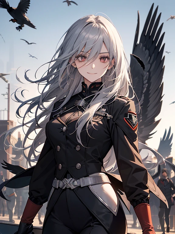 (confused, High resolution, Super detailed), 1 female, silver hair,long hair,crow,Crows flying behind,Carried on shoulder,reddish brown eyes,black pilot jacket,Black and white suit,20th generation,Beautiful woman,shy smile,thin,Are thin,quiet,Calm,Carrying a white crow,Accompanied by many white crows,