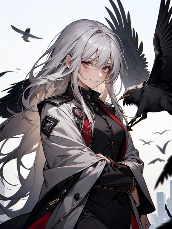 (confused, High resolution, Super detailed), 1 female, silver hair,long hair,crow,Crows flying behind,Carried on shoulder,reddish brown eyes,black pilot jacket,Black and white suit,20th generation,Beautiful woman,shy smile,thin,Are thin,quiet,Calm,Carrying a white crow,Accompanied by many white crows,
