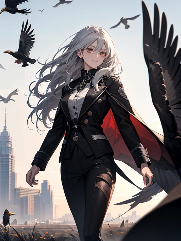 (confused, High resolution, Super detailed), 1 female, silver hair,long hair,crow,Crows flying behind,Carried on shoulder,reddish brown eyes,black pilot jacket,Black and white suit,20th generation,Beautiful woman,shy smile,thin,Are thin,quiet,Calm,Carrying a white crow,Accompanied by many white crows,