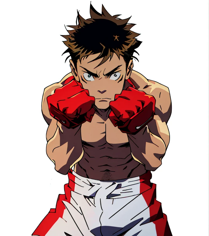 (Illustration, high resolution, best quality: 1.5, masterpiece, minimalist, whitebackground: 2, simplistic detail, anime), solo: 2, fit male, adult male, upper body, half body portrait, shirtless, boxer, boxing gloves, vox machina style, itadori yuji, blond, susanoo 