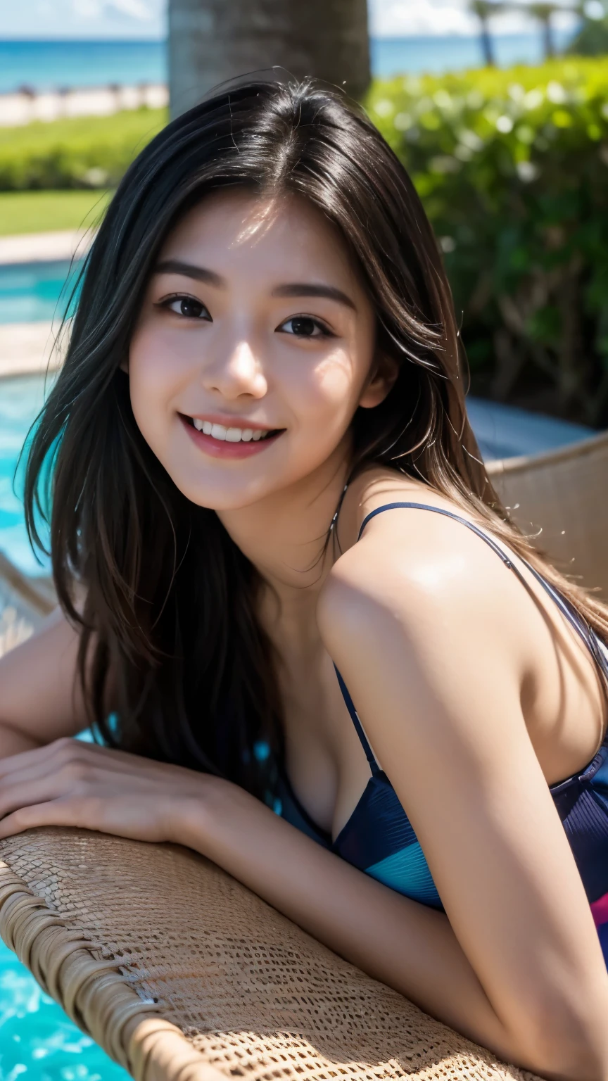 (highest quality,masterpiece:1.3,ultra high resolution),(Super detailed,caustics),(realistic:1.4,RAW shooting),(Vibrant color saturation),1 girl,25 years old、smiling、Blurred background,Ocean、light up、resort、hammock、looking up at the camera、paleo、Idol