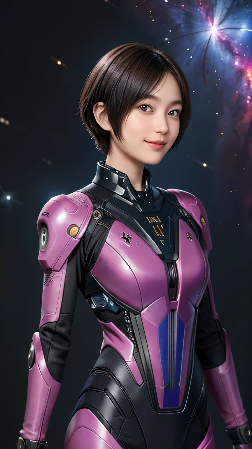 208 Short Hair, 20 year old female, Floral, gentle smile, Futuristic clothing, mechanical suit, (The background is a galaxy and nebula)