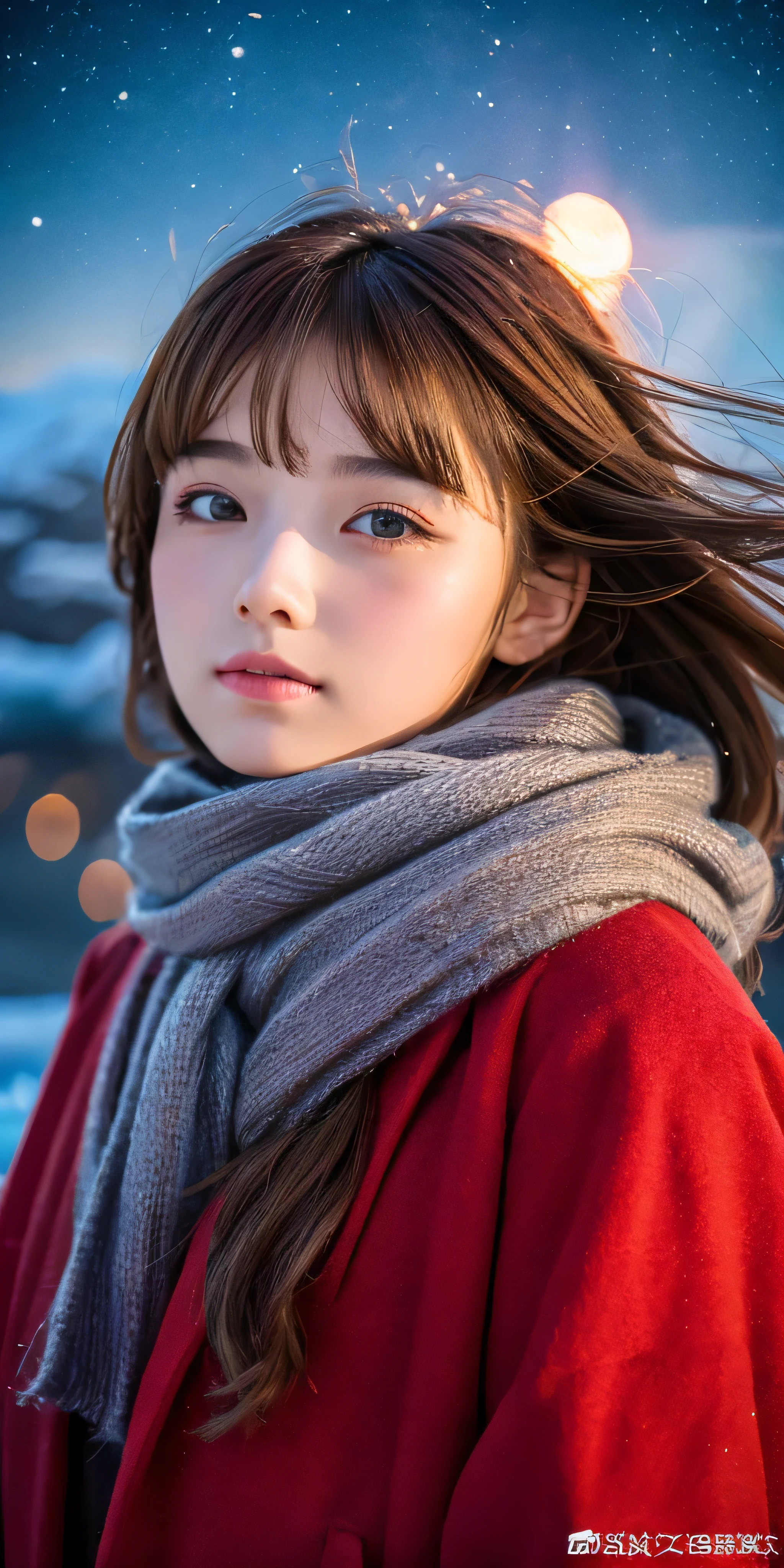 ((hair blowing in the wind、no makeup:1.2))、(realistic、Photoreal、Super detailed、best detailed skins、highest quality、masterpiece、超A high resolution)、cute russian woman、、high school girl、young girl、1 girl、have bangs、ash blonde:1.7、double eyelid、drooling eyes、Japanese style face、purity、realistic skin type、thick muffler、Gray muffler、fluffy hair、((There'hair in scarf:1.3))、red cheeks、The wind is blowing、that'It's snowing、night、illumination、Lighting from behind、hair blowing in the wind、((Antarctica、A meteor shower、A world view of the aurora))