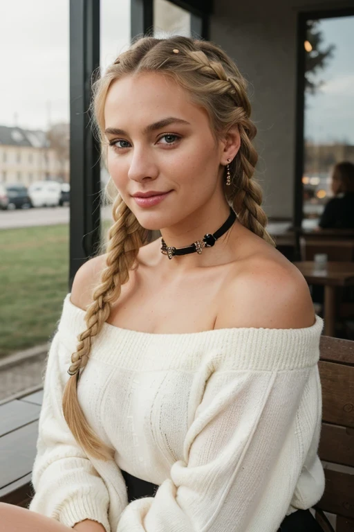 RAW, analog, Nikon Z 85mm, award winning glamour photograph,((best quality)), ((masterpiece)), ((realistic)), 18th century, KarolinaDemy:0.9 piercing eyes, looking straight, very happy, blonde hair, quad braids, wearing an off-shoulder sweater, choker, closeup portrait, in a outdoor cafe in 2015, afternoon light,