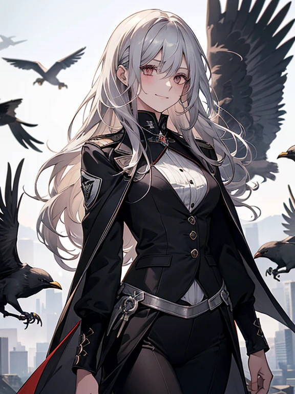 (confused, High resolution, Super detailed), 1 female, silver hair,long hair,crow,Crows flying behind,Carried on shoulder,reddish brown eyes,black pilot jacket,Black and white suit,20th generation,Beautiful woman,shy smile,thin,Are thin,quiet,Calm,Carrying a white crow,Accompanied by many white crows,