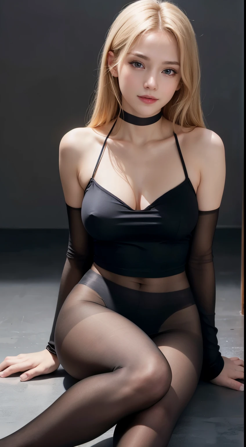 Tight black and orange top:1.2, looking at the audience, (super realistic pantyhose:1.3), movie theater lighting, perfection, soft light, High Resolution Skins:1.2, realistic skin texture, 18-year-old、small face、professional makeup,Show your shoulders,Bust C cup、blue eyes, good, shining blonde hair、Completely naked、gray background、I can see the abdomen、cute smile, sitting on the floor、