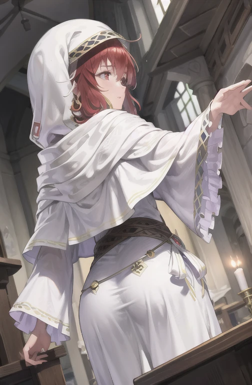 from behind,and, wide sleeves,hood,jewelry, long sleeve,white robe,church,indoors,night,(masterpiece, best quality, Super detailed, best shadow)