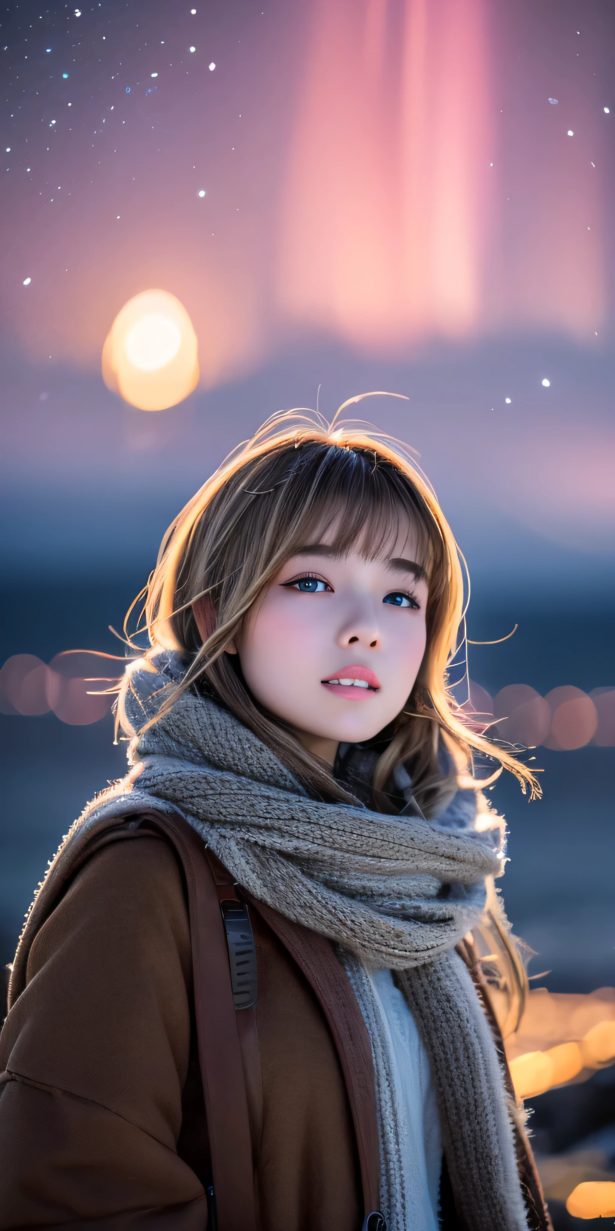((hair blowing in the wind、no makeup:1.2))、(realistic、Photoreal、Super detailed、best detailed skins、highest quality、masterpiece、超A high resolution)、cute russian woman、、high school girl、young girl、1 girl、have bangs、ash blonde:1.7、double eyelid、drooling eyes、Japanese style face、purity、realistic skin type、thick muffler、Gray muffler、fluffy hair、((There'hair in scarf:1.3))、red cheeks、The wind is blowing、that'It's snowing、night、illumination、Lighting from behind、hair blowing in the wind、((Antarctica、A meteor shower、A world view of the aurora))