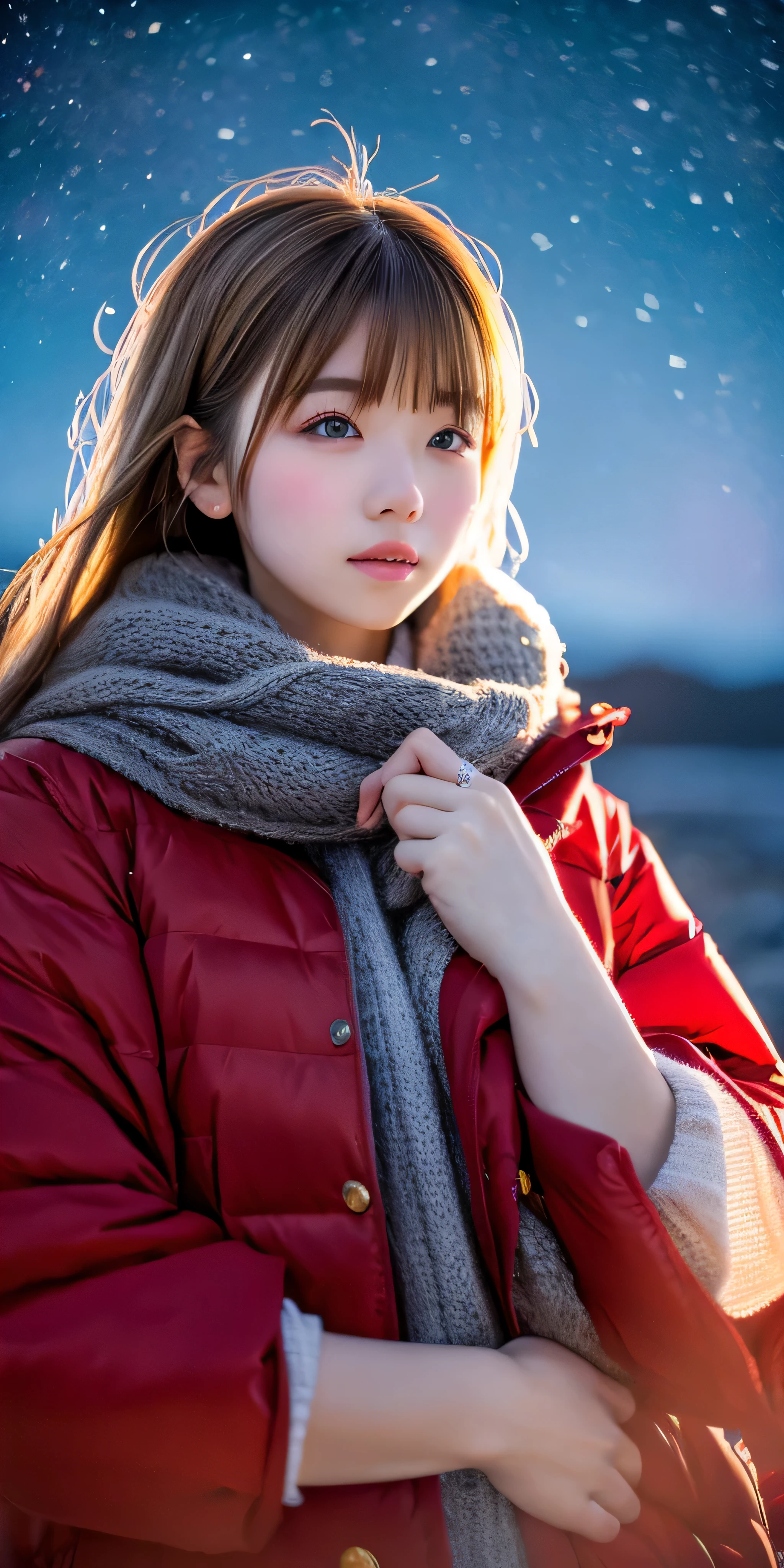 ((hair blowing in the wind、no makeup:1.2))、(realistic、Photoreal、Super detailed、best detailed skins、highest quality、masterpiece、超A high resolution)、cute russian woman、14 years、high school girl、young girl、1 girl、have bangs、ash blonde:1.7、double eyelid、drooling eyes、Japanese style face、purity、realistic skin type、thick muffler、Gray muffler、fluffy hair、((There'hair in scarf:1.3))、red cheeks、The wind is blowing、that'It's snowing、night、illumination、Lighting from behind、hair blowing in the wind、((Antarctica、A meteor shower、A world view of the aurora))