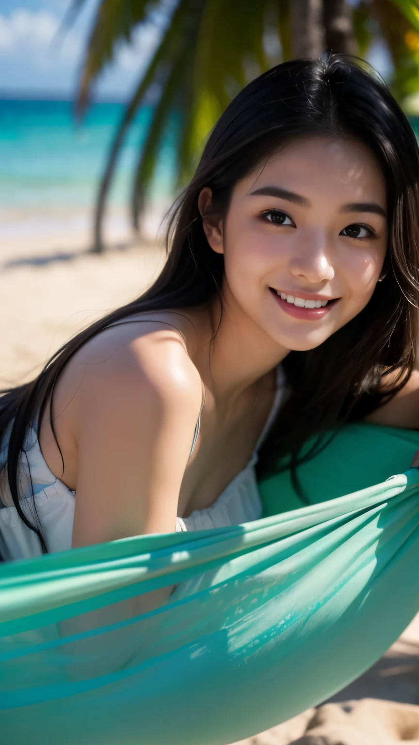 (highest quality,masterpiece:1.3,ultra high resolution),(Super detailed,caustics),(realistic:1.4,RAW shooting),(Vibrant color saturation),1 girl,25 years old、smiling、Blurred background,Ocean、light up、resort、hammock、looking up at the camera、Hawaiian-ish、Idol