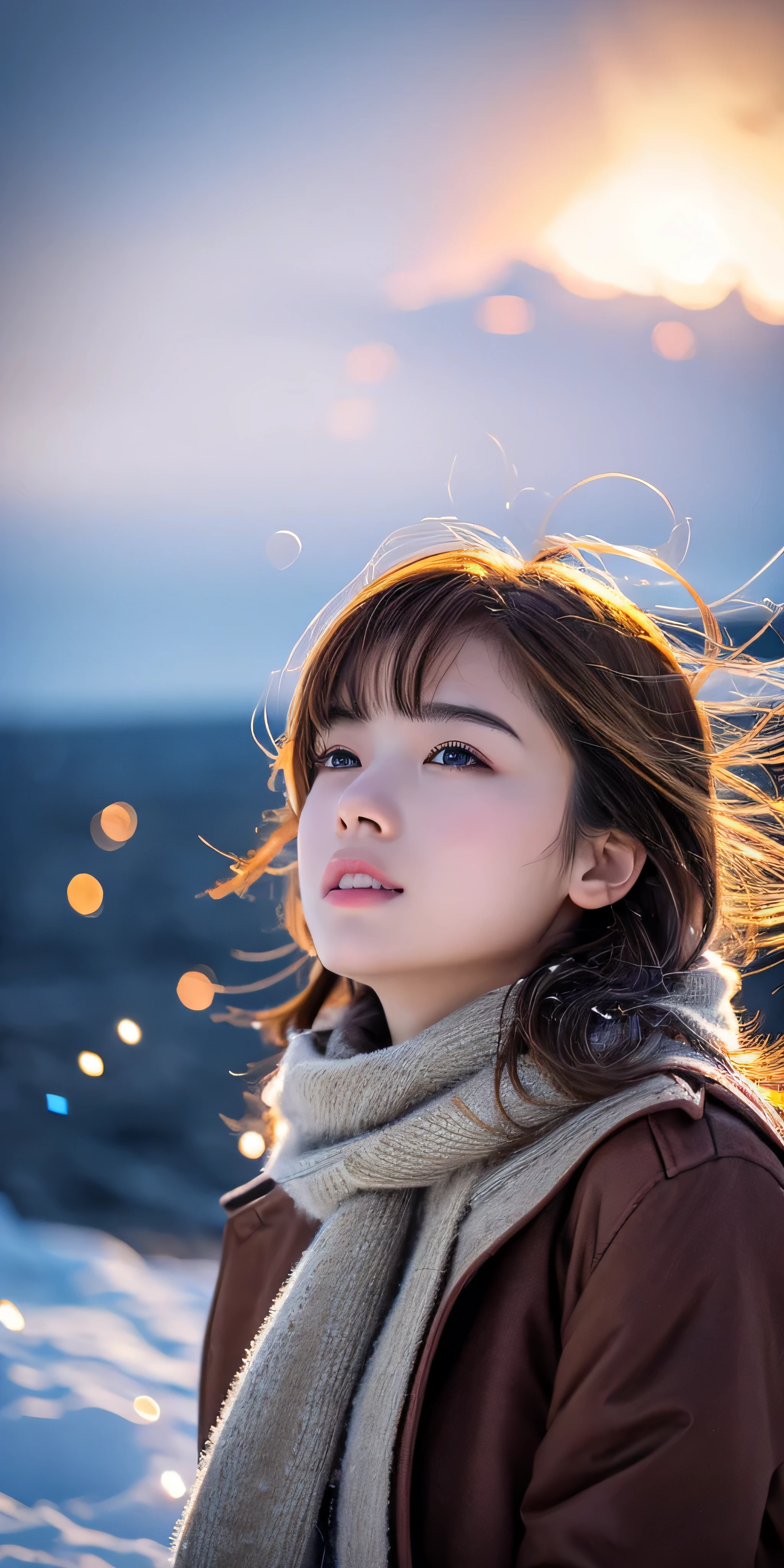 ((hair blowing in the wind、no makeup:1.2))、(realistic、Photoreal、Super detailed、best detailed skins、highest quality、masterpiece、超A high resolution)、cute russian woman、、high school girl、young girl、1 girl、have bangs、ash blonde:1.7、double eyelid、drooling eyes、Japanese style face、purity、realistic skin type、thick muffler、Gray muffler、fluffy hair、((There'hair in scarf:1.3))、red cheeks、The wind is blowing、that'It's snowing、night、illumination、Lighting from behind、hair blowing in the wind、((Antarctica、A meteor shower、A world view of the aurora))