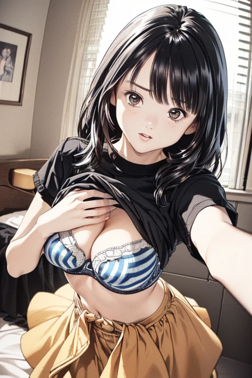 (8K、top-quality、​masterpiece:1.2)、(realisitic、ultra-detailliert、超A high resolution、1 girl,17years,beautifull detailed face,perfect body,((layered hair,long black hair)),((daytime)),Constriction、(Slim waist :1.3)、Beautiful detailed skin、Skin Texture、Floating hair、((daylight)),(glasses,large breasts,leaning forward,
striped dark blue lace shirt by hand,grab breast,frilled skirt,
pov,(selfie:1.2),phone_screen,head_out_of_frame, (fisheye distorted lens:1.2),on bed,bedroom,
,(shirt lift:1.2) ,large breast,focus breasts,show bra ,lace bra,navel,(breast squeeze:1.3)