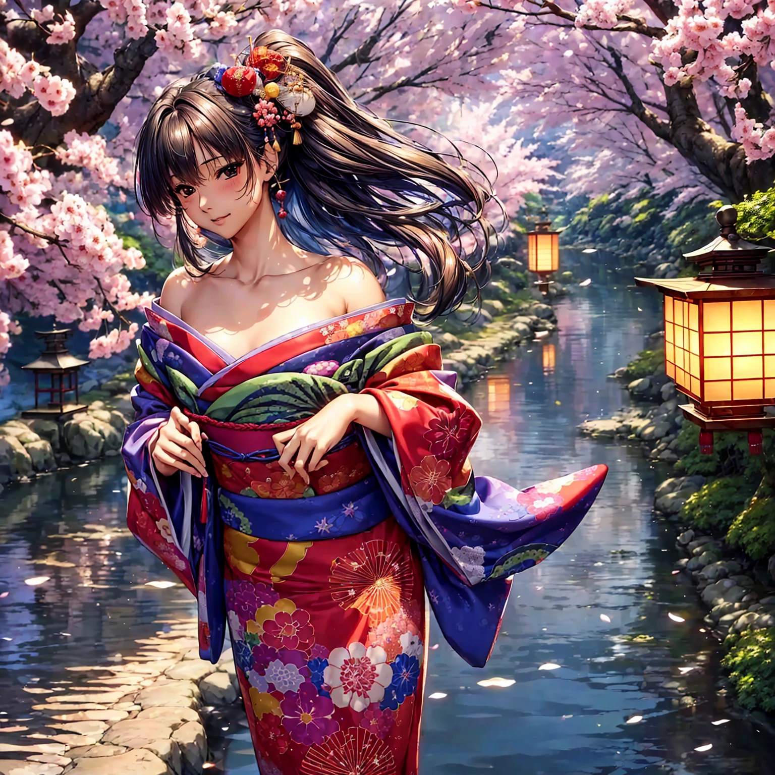 (((highest quality、masterpiece、very high resolution、High-definition images)))、Beauty Painting、realistic portrait、One strong-willed beautiful girl:18-year-old、beautiful body:Slender, beautiful breasts and beautiful legs、beautiful face:smile、eyes with strong will,beautiful hair:ponytail 、best skin and hair texture,realistic skin texture,realistic hair texture、(((japanese kimono:Colorful Japanese patterns:Shoulders and chest are exposed)))、Beautiful waterfront:lantern:Lantern:Wooden Japanese house、beautiful cherry blossoms、stone steps、beautiful sky、Natural light、beautiful scenery、model pose:Show off your swimsuit、beautiful pose:Show off your kimono、model shoot、Gravure photography、(((The wind is blowing))),accurate image:1.5、accurate anatomy:1.5、Image without defects、perfect image、Overall image、(Best Shot、Raw photo、photorealistic stick)