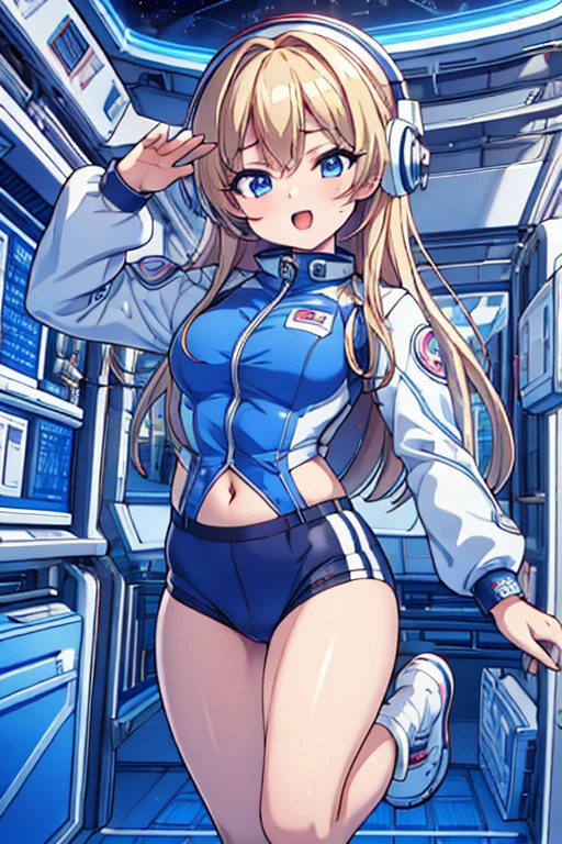 top-quality,Top image quality,in 8K,4K,masterpiece,ultra-detailliert,Beautiful,ultra-quality, best quality,high resolution, ultra-detailed,game cg,dutch angle,(acrobatic pose):5,jumping:5,(inside spacestation,)beautiful detailed eyes,five fingers,headphone,nsfw,a beauty girl,(astrovest):5,(track uniforms),wet,(steam:1.5),Running form,open open mouth,(blonde hair),(long hair):2,Navel,space_station_interior, exercise_room, futuristic, high_technology, zero_gravity_exercise_equipment, high_resolution_landscape, sleek_design, minimalistic, 8K_resolution, game_cg_style, Dutch_angle, detailed_character, track_uniform, perfect_running_form, intense_expression, detailed_eyes, determination, steam:1.5, beauty, strength, five_fingers, visible_navel, open_mouth, ultra_quality, high_resolution, ultra_detailed,astrovest