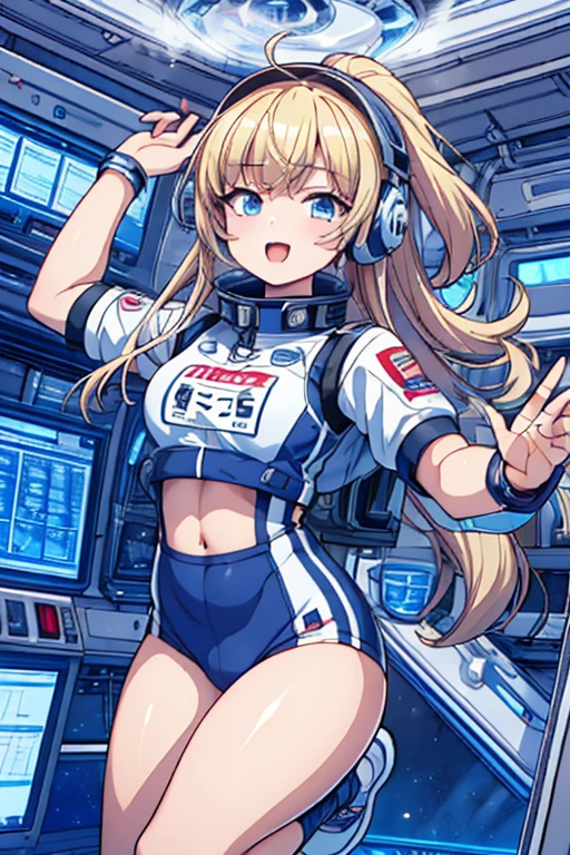 top-quality,Top image quality,in 8K,4K,​masterpiece,ultra-detailliert,Beautiful,ultra-quality, best quality,high resolution, ultra-detailed,game cg,dutch angle,(acrobatic pose):5,jumping:5,(inside spacestation,)beautiful detailed eyes,five fingers,headphone,nsfw,a beauty girl,(astrovest):5,(track uniforms),wet,(steam:1.5),Running form,open open mouth,(blonde hair),(long hair):2,Navel,space_station_interior, exercise_room, futuristic, high_technology, zero_gravity_exercise_equipment, high_resolution_landscape, sleek_design, minimalistic, 8K_resolution, game_cg_style, Dutch_angle, detailed_character, track_uniform, perfect_running_form, intense_expression, detailed_eyes, determination, steam:1.5, beauty, strength, five_fingers, visible_navel, open_mouth, ultra_quality, high_resolution, ultra_detailed,astrovest