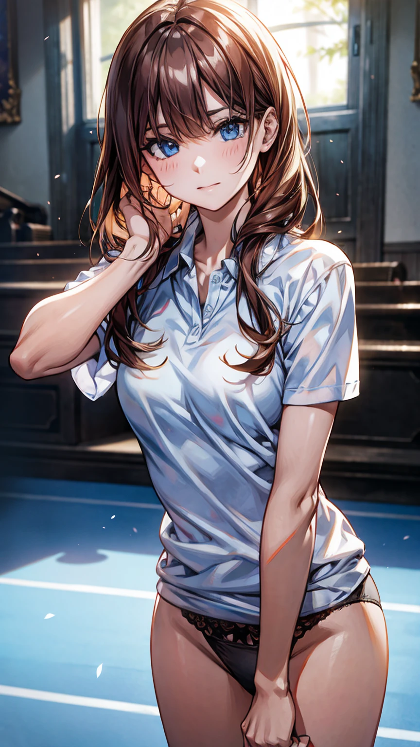 official art, unity 8k wallpaper, Super detailed, masterpiece, highest quality, 1 female, (very detailed),(Raw photo、highest quality)、(realistic、Photoreal:1.3)、high detail、顔のvery detailed複雑な 3D レンダリング、(very detailed肌:1.2)、dynamic angle, fire glow effect,  professional lighting, side light, cinematic light, 超A high resolution, 8K , film grain,best shadow, particles of light, Fine skin texture, detailed face, intricate details, Super detailed, shine, Please reconsider、full body, Tennis court、beautiful face、blurred background、18 year old beautiful girl、shiny skin、Tennis uniform、((white panties))、Super short uper tight polo shirt、