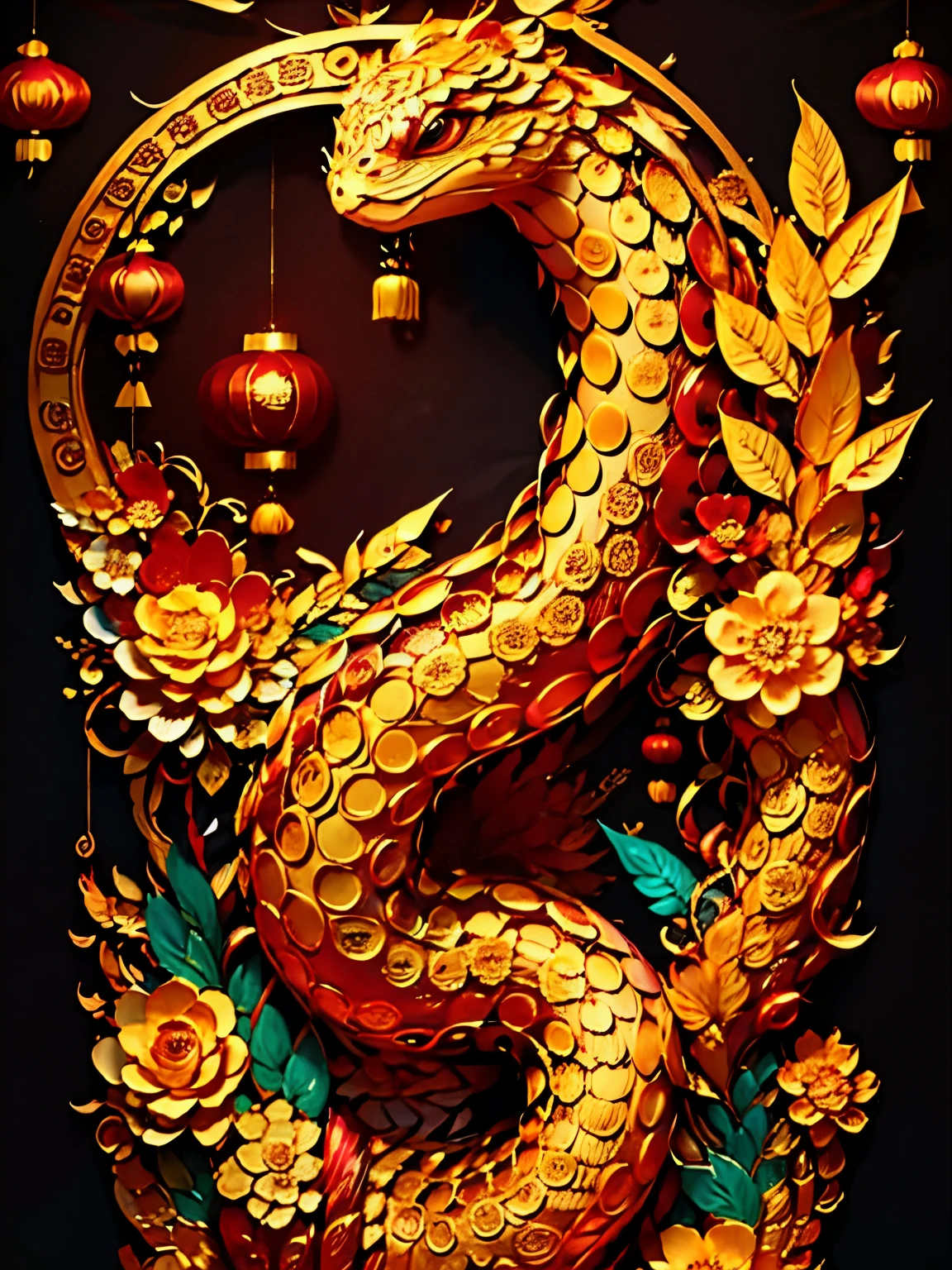 Golden cute snake，（（（eyes are very bright）））Fireworks background，Contrast with red background。 The whole design is full of the festive atmosphere of the New Year.，Chinese New Year Decorations，（（Auspicious lanterns））many flowers（（（masterpiece）））， （（best quality））， （（intricate details））（8K）