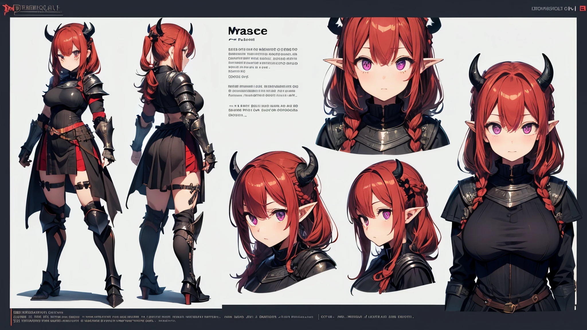 (Masterpiece, best quality), detailed, character sheet, many items (the same person, medieval royal armor, demonic heavy armor, fullplate armor, many parts), athletic, busty, demon, demon girl, detailed beautiful purple eyes, detailed face, pointy ears, red hair and white skin, braided ponytail, demon horns, full of details.