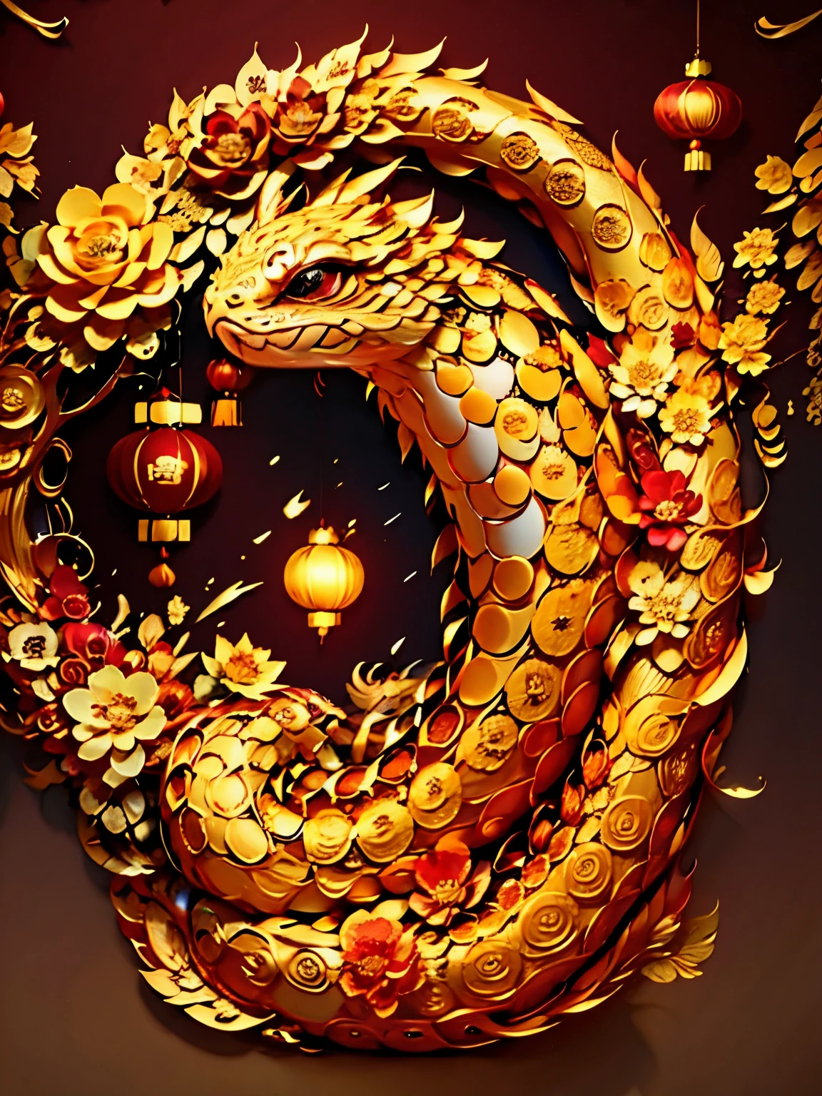 Golden cute snake,(((eyes are very bright)))Fireworks background,Contrast with red background。 The whole design is full of the festive atmosphere of the New Year.,Chinese New Year Decorations,((Auspicious lanterns))many flowers(((masterpiece))), ((best quality)), ((intricate details))(8K)