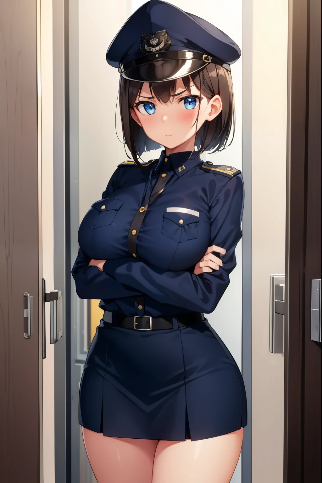 ,1 girl,Navy Blue American Police,navy blue mini skirt,Navy Blue Police Hat,blue eyes,serious face,brown hair,bob hair,New York City,big breasts,blush,On Patrol,diagonal,thin,Director's Office,door, Cross your arms behind your back,Are standing,