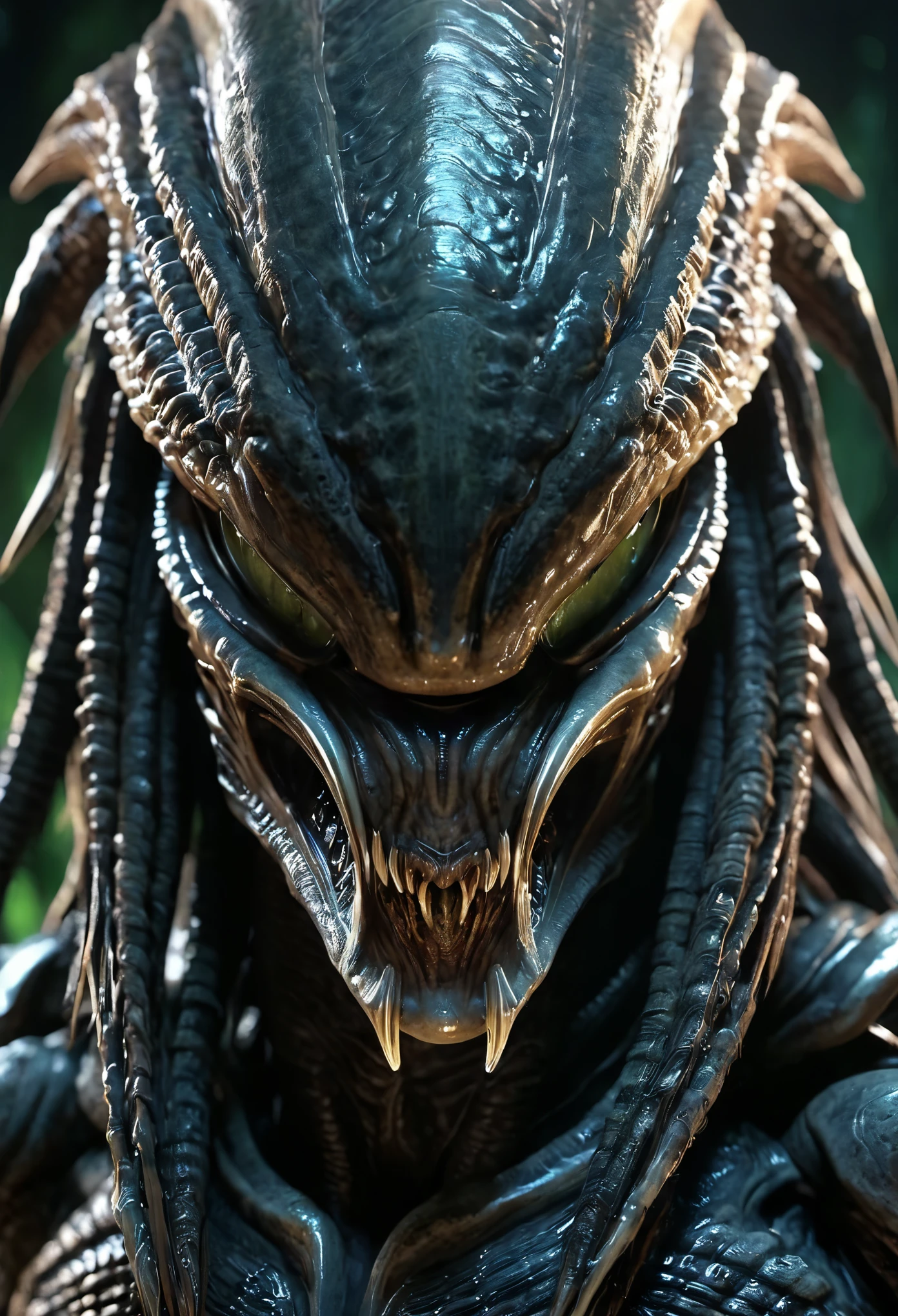 alien predator, (Artstation:1.1), (intricate:1.1), (great eye detail:0.7), (glowing eyes:0.5), solo, male, sharp teeth, upper body, looking at viewer, photorealistic, 8k, unreal engine, inspired by HR Giger, half body portrait, highly detailed,