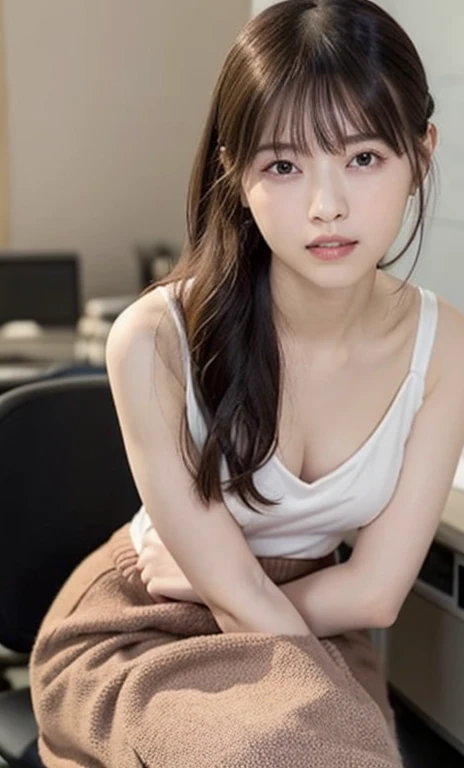 masterpiece、highest quality、16K、RAW photo、Super detailed、ultra high resolution、UHD,Depth of the bounds written、very detailed、soft light、professional lighting、Pale shading、Weak contrast、Japanese、beautiful girl、slender woman、Smooth, silky skin、clear white skin、daytime office、Window seat、sitting in front of the computer、Pink leotard、(smooth and beautiful thighs:1.6)、(small breast:1.0)、flat chest、Childlike breasts、small areola、small nipples、beautiful nipples、Cherry-colored nipples、white breast、fine and beautiful eyes、(hanging eyes)、clear double eyelids、tear bag、(thin eyebrows:1.0)、(thin lips:1.0)、natural makeup、natural color lip、gentle smile、(floating hair、long wavy hair、high ponytail),(The bangs are see-through bangs)、Black mesh office chair、from head to thighs