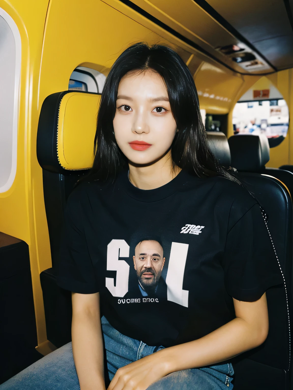 full body girl, arafed woman in a black shirt sitting, background at plane museum, outlive streetwear collection, black t-shirt, trending on r/streetwear, official product photo, she is wearing streetwear, mid shot portrait, gemma chen, short sleeves, official product image, black shirt, taken in 2 0 2 0, ad image, closeup portrait shot, ji-min, random pose for model streetwearing, showing off the t-shirt design on his chest ,look at viewer, masculine pose, male model style