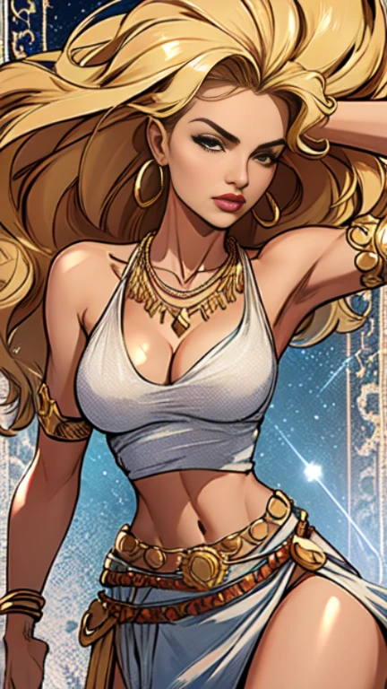 1woman 30year old, solo, long blonde hair, looking at viewer, navel, cleavage, bare shoulders, jewelry, medium breasts, earrings, midriff, belt, necklace, bracelet, lips, armlet, ((dynamic pose)), ((dynamic angle)),