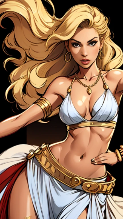 1woman 30year old, solo, long blonde hair, looking at viewer, navel, cleavage, bare shoulders, jewelry, medium breasts, earrings, midriff, belt, necklace, bracelet, lips, armlet, ((dynamic pose)), ((dynamic angle)),