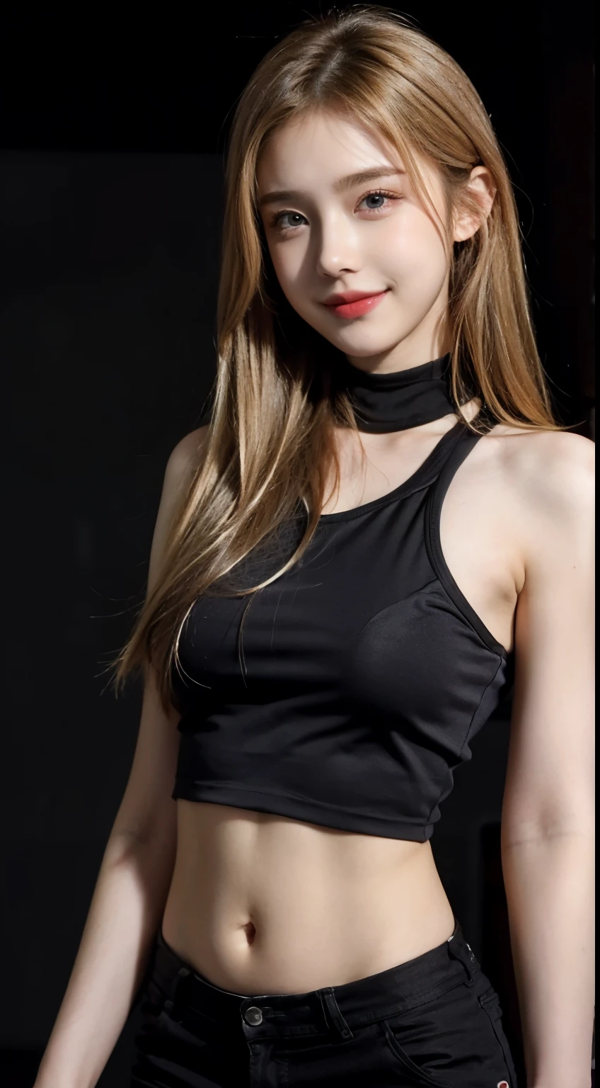 Tight black and orange top:1.2, looking at the audience, movie theater lighting, perfection, soft light, High Resolution Skins:1.2, realistic skin texture, 18-year-old、small face、professional makeup,Show your shoulders,Bust C cup、blue eyes, good, shining blonde hair、Completely naked、gray background、I can see the abdomen、cute smile,