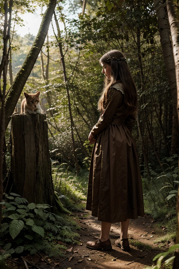 Image for a fairy tale about a girl, standing in the forest, who can talk to animals