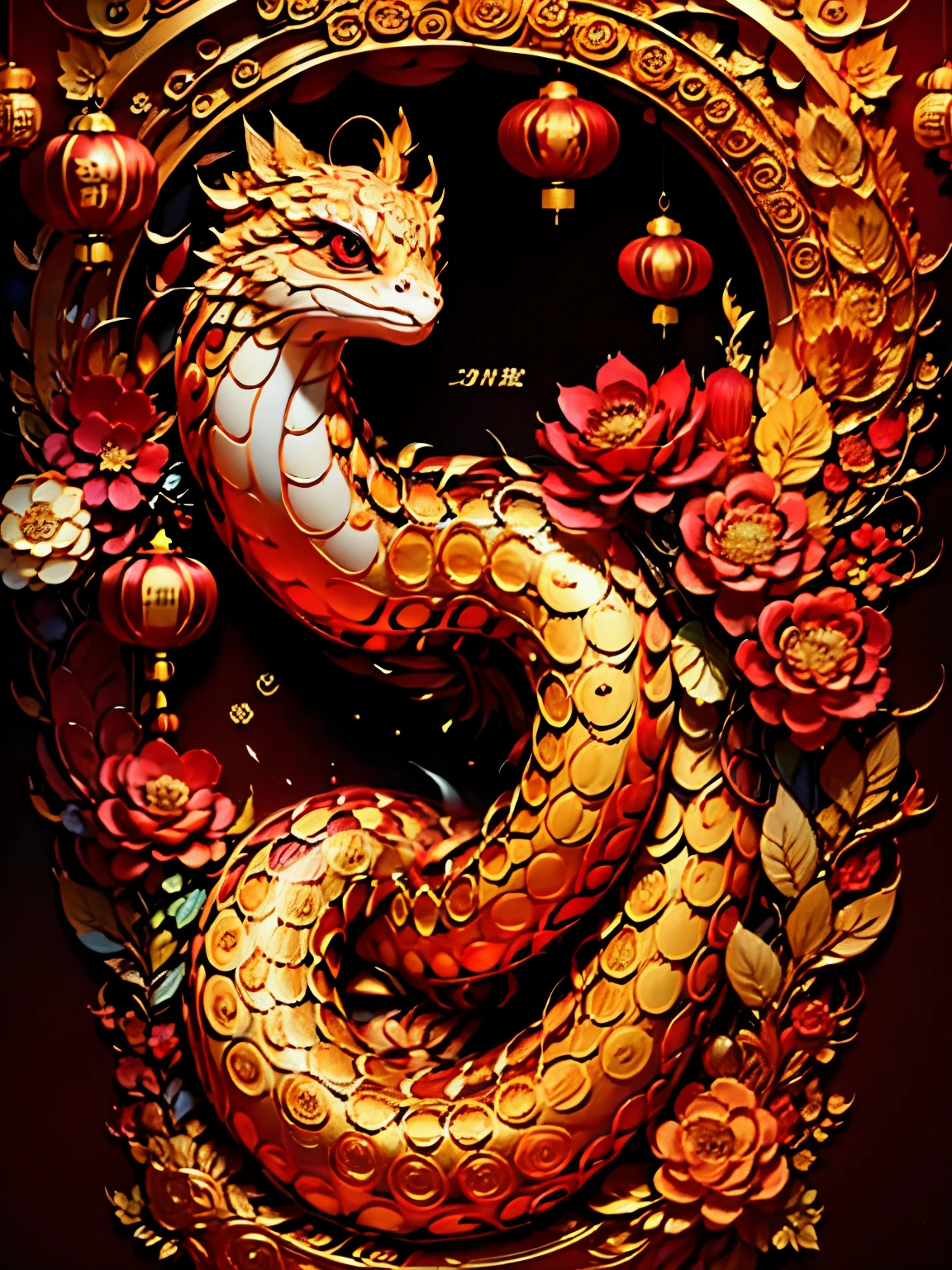 Golden cute snake,(((eyes are very bright)))Fireworks background,Contrast with red background。 The whole design is full of the festive atmosphere of the New Year.,Chinese New Year Decorations,((Auspicious lanterns))many flowers(((masterpiece))), ((best quality)), ((intricate details))(8K)
