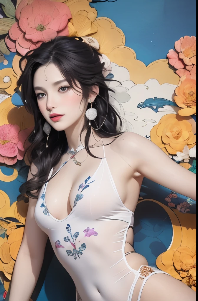 (masterpiece, quality, best quality, official art, Beautiful and beautiful:1.2), (1 girl:1.3), Very detailed,(fractal art:1.1),(colorful:1.1)(flowers:1.3),most detailed,(Tangled:1.2), whole body, leg，(abstract background:1.3), (shiny skin), (Many colors:1.4), ,(Feather earrings:1.5),