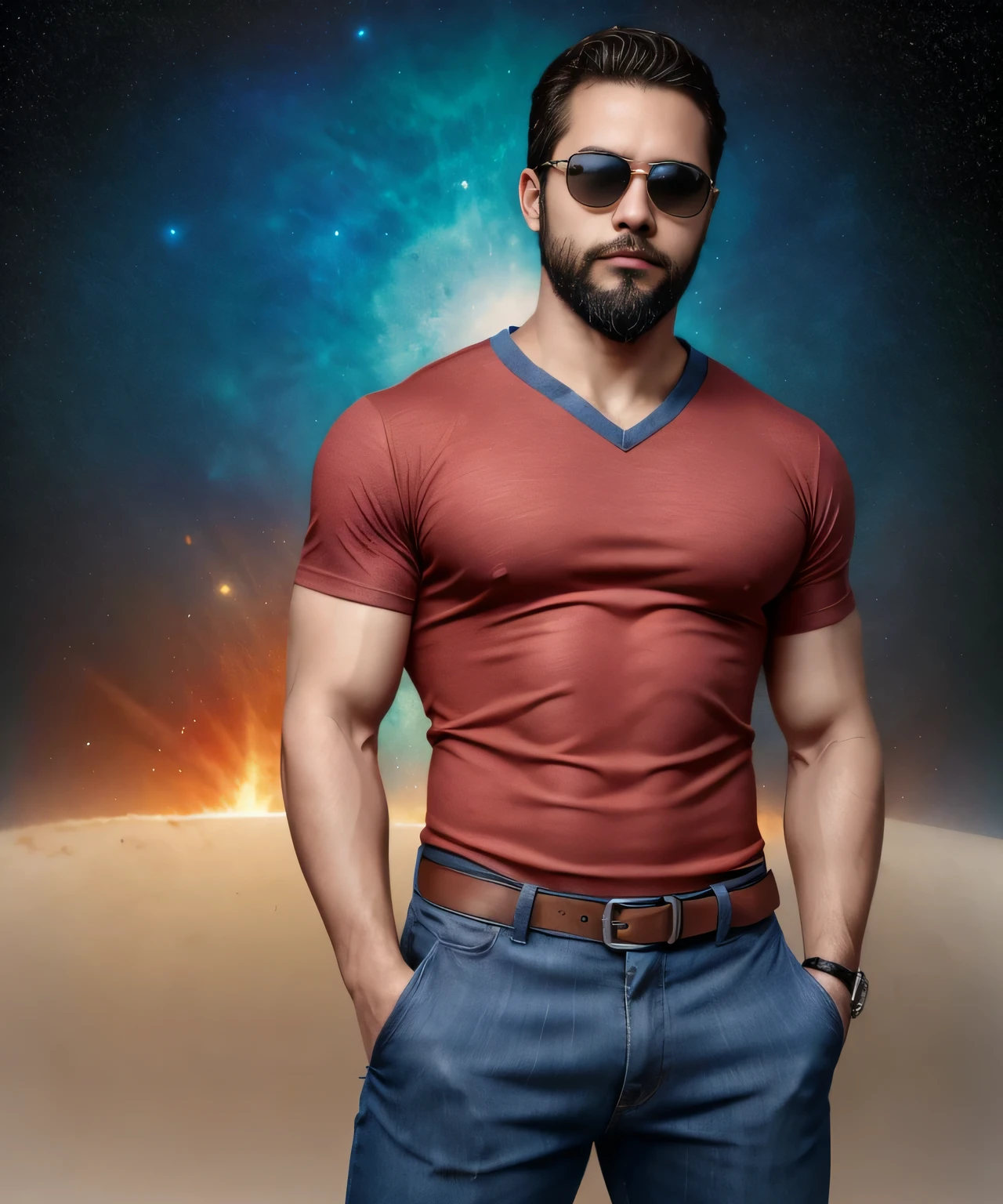 Obra maestra, desenfoque de campo, Parte superior del cuerpo, Hands in pants pockets, 38 year old man with beard and square sunglasses. Man wearing a shirt with a color gradient in the space movie with a solar  explosion in the background.