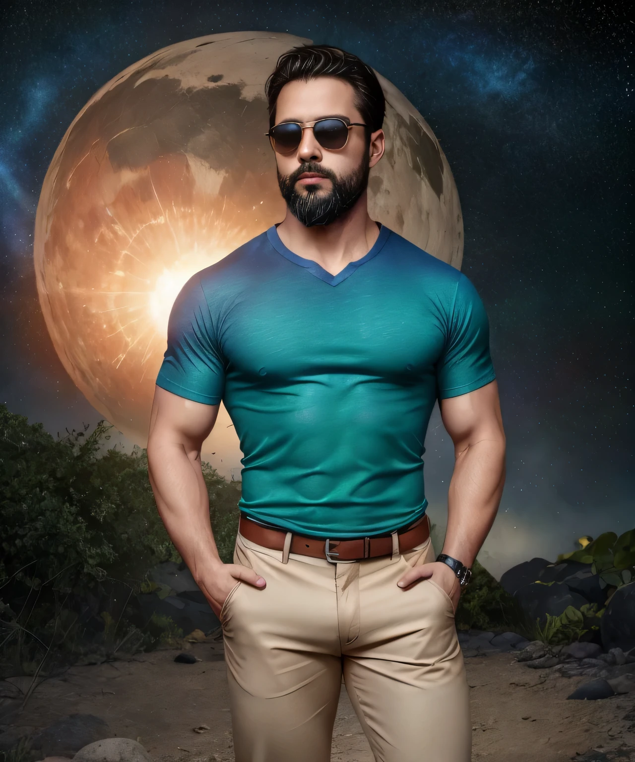 Obra maestra, desenfoque de campo, Parte superior del cuerpo, Hands in pants pockets, 38 year old man with beard and square sunglasses. Man wearing a shirt with a color gradient in the space movie with a solar  explosion in the background.