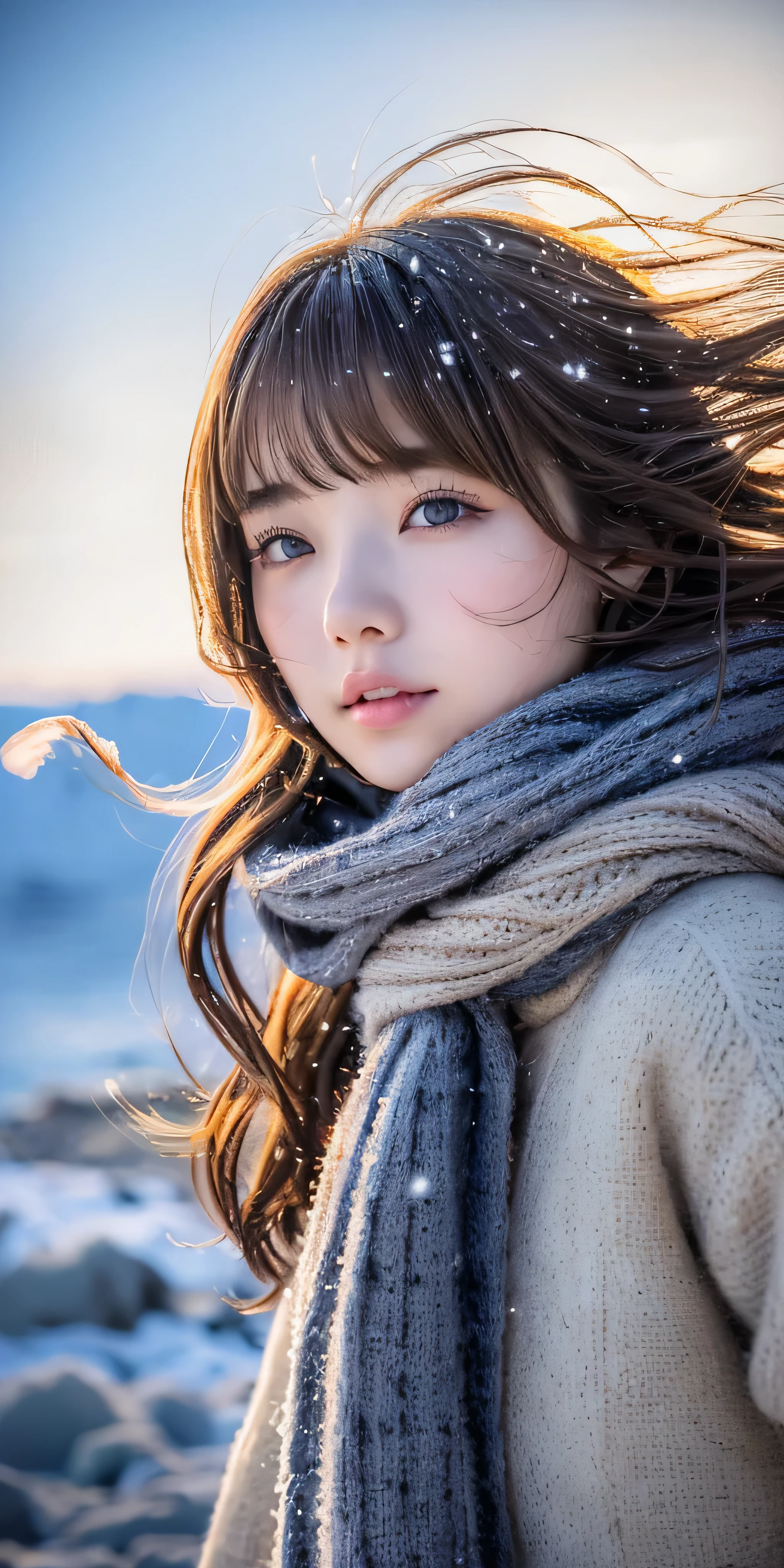 ((hair blowing in the wind、no makeup:1.2))、(realistic、Photoreal、Super detailed、best detailed skins、highest quality、masterpiece、超A high resolution)、cute russian woman、、high school girl、young girl、1 girl、have bangs、ash blonde:1.7、double eyelid、drooling eyes、Japanese style face、purity、realistic skin type、thick muffler、Gray muffler、fluffy hair、((There'hair in scarf:1.3))、red cheeks、The wind is blowing、that'It's snowing、night、illumination、Lighting from behind、hair blowing in the wind、((Antarctica、A meteor shower、A world view of the aurora))