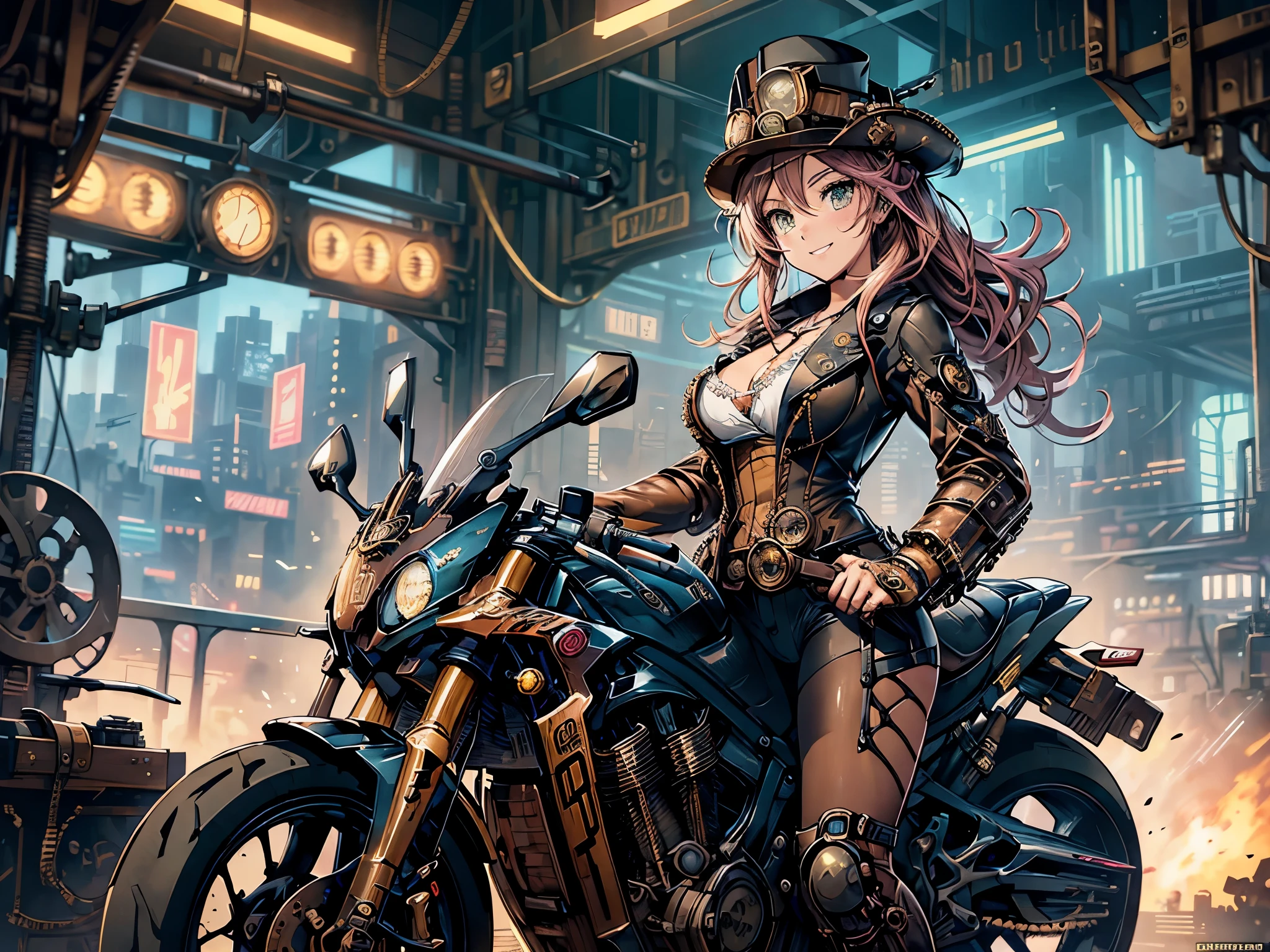 (comic book style),(line drawing_anime),(cowboy shot, highest quality, ),(Laura Budd Photos:1.2),(Laura Add Details:1.0),8K, flat color:0.8,dynamic angle,1 girl,smile、(On a steampunk motorcycle:1.5)、An elaborately decorated motorcycle、(Highly decorative and complex mechanical steampunk fashion, lace flare dolphin hat、goggles 1.5、machinery background、Gear background、Intricately mechanized steampunk cityscape 1.5),
