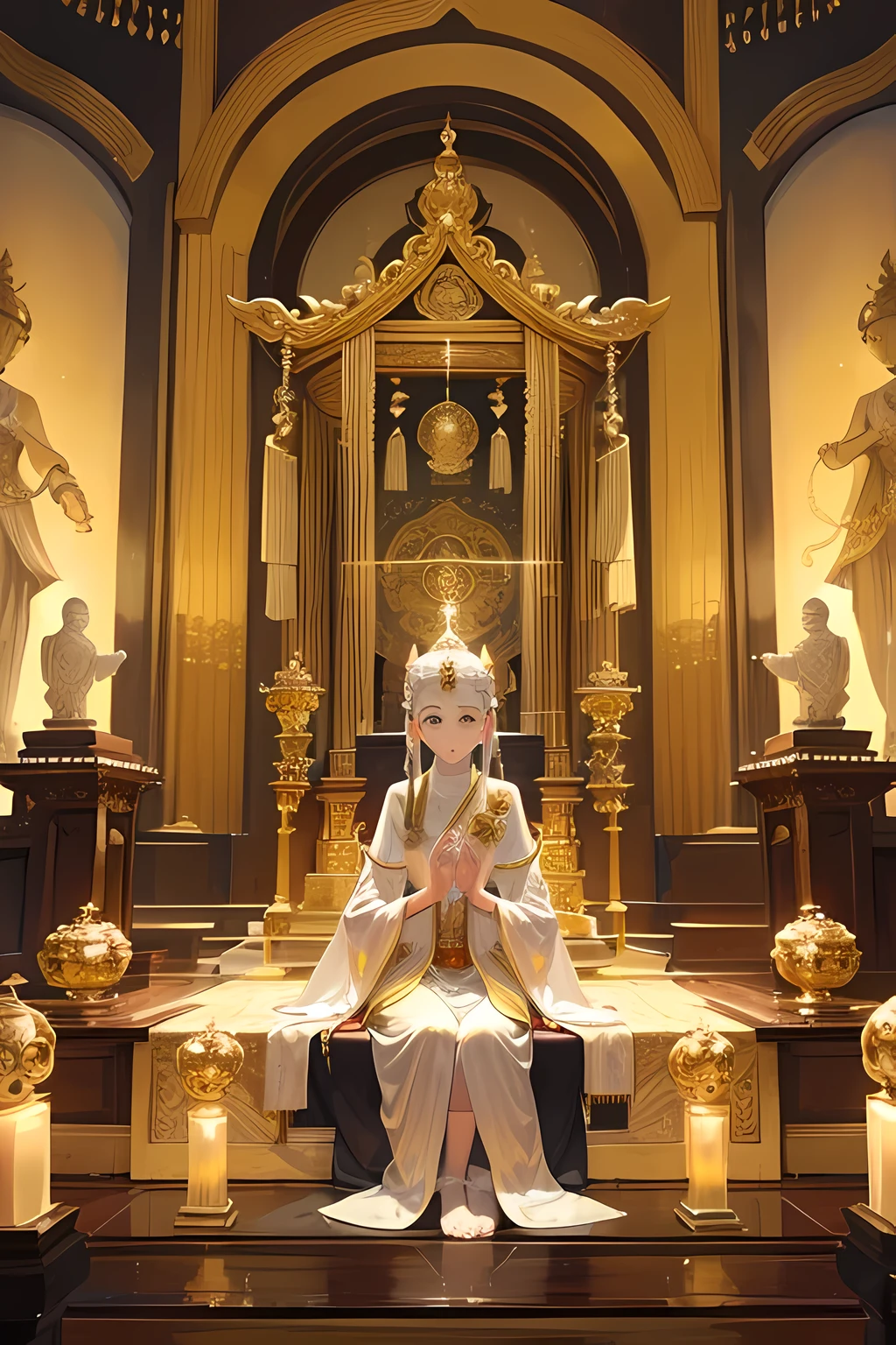 Amidst the serene sanctuary of the temple, a Buddhist altar radiated with ethereal luster. Enshrouded in an aura of sacred tranquility, every inch of its surface was meticulously adorned with gold leaf, shimmering in the gentle glow of flickering candles. The intricate designs and symbols etched into the altar's surface danced with light, casting an intriguing interplay of shadow and brilliance across the walls. Adorned with precious jewels and delicately crafted figurines, the altar exuded a sense of boundless riches and opulence, a testament to the reverence and devotion of