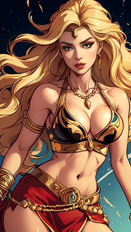 1woman 30year old, solo, long blonde hair, looking at viewer, navel, cleavage, bare shoulders, detailed eyes, jewelry, medium breasts, earrings, midriff, belt, necklace, bracelet, lips, armlet, ((dynamic pose)), ((dynamic angle)),