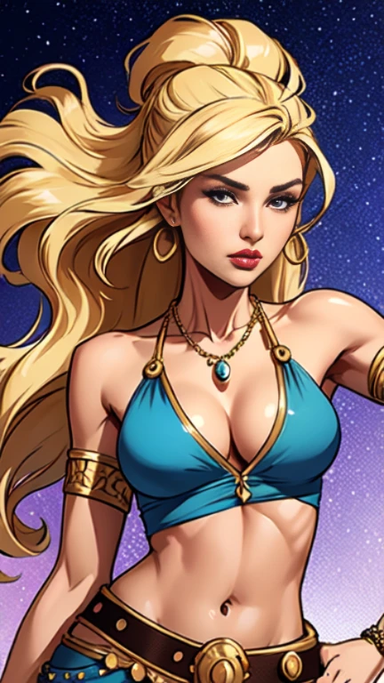 1woman 30year old, solo, long blonde hair, looking at viewer, navel, cleavage, bare shoulders, detailed eyes, jewelry, medium breasts, earrings, midriff, belt, necklace, bracelet, lips, armlet, ((dynamic pose)), ((dynamic angle)),