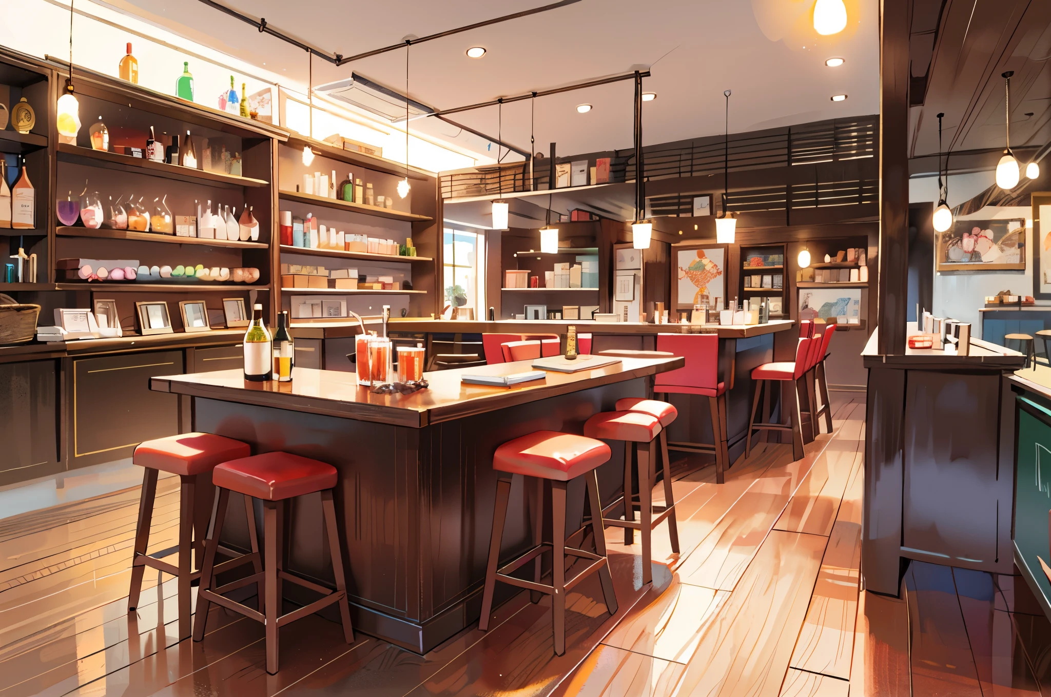 A large number of board game boxes are stored and lined up on the shelves at the back. There are people around a table playing board games. There is a bar counter in front with alcohol and cocktails lined up. An illustration