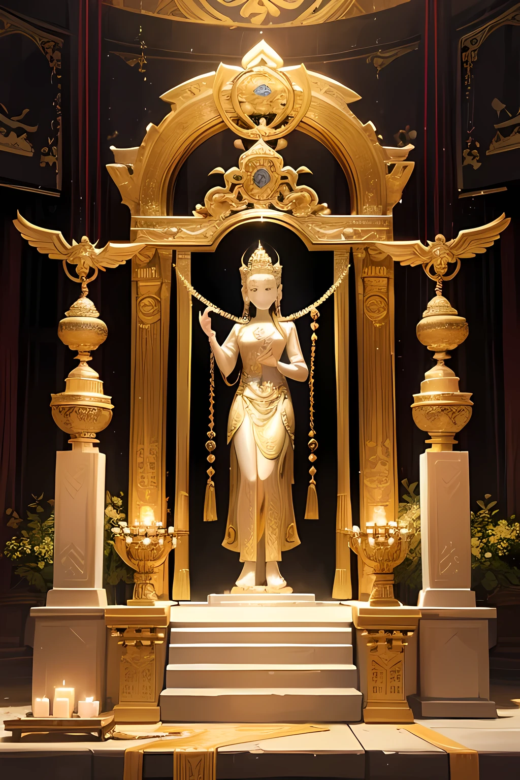 Amidst the serene sanctuary of the temple, a Buddhist altar radiated with ethereal luster. Enshrouded in an aura of sacred tranquility, every inch of its surface was meticulously adorned with gold leaf, shimmering in the gentle glow of flickering candles. The intricate designs and symbols etched into the altar's surface danced with light, casting an intriguing interplay of shadow and brilliance across the walls. Adorned with precious jewels and delicately crafted figurines, the altar exuded a sense of boundless riches and opulence, a testament to the reverence and devotion of
