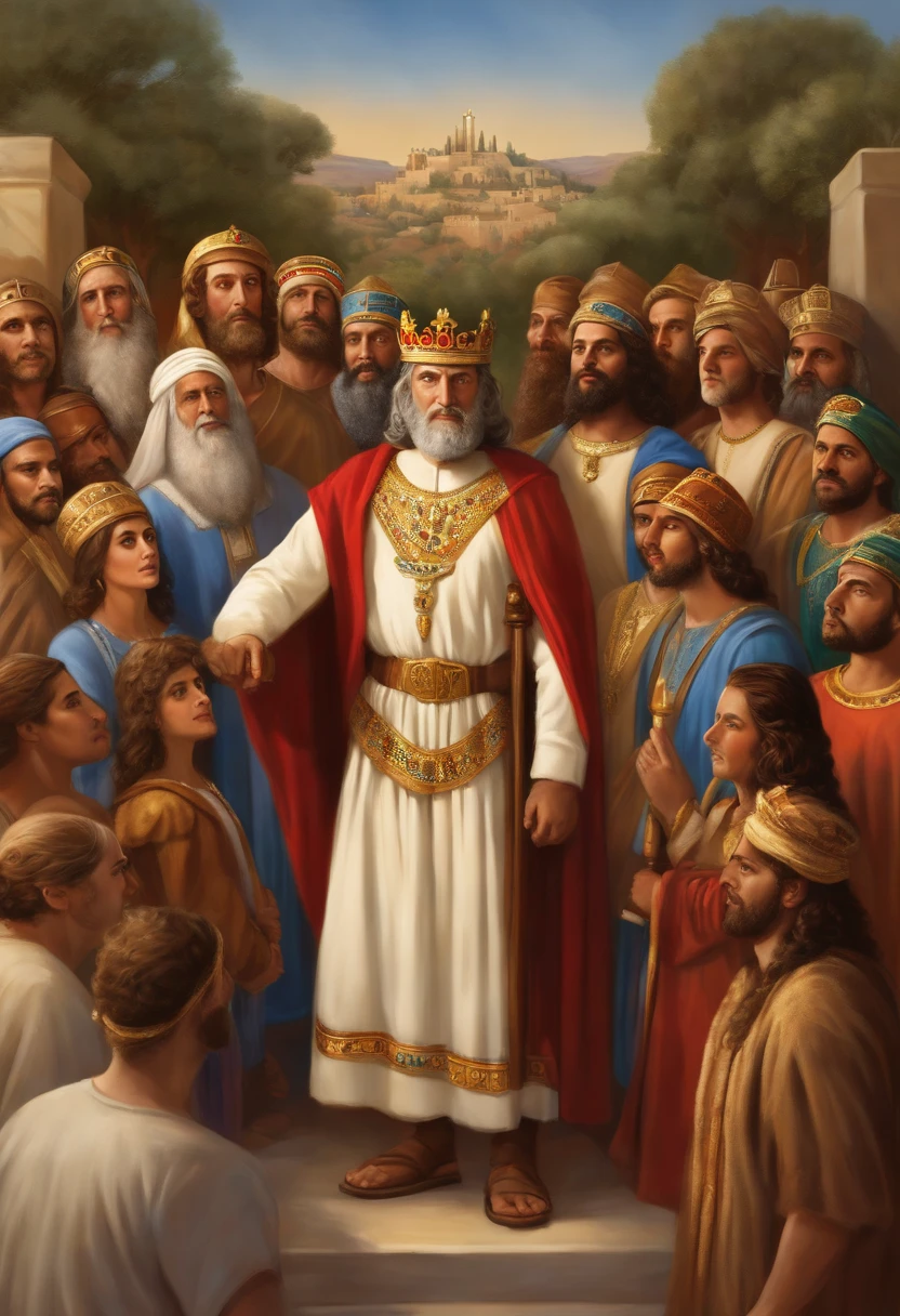 Create an illustration depicting King David standing before the people of Israel. Show King David, dressed in royal attire, standing on a raised platform or hill, with a crown on his head and a scepter in his hand. He should exude a sense of authority, wisdom, and benevolence as he addresses his subjects. Behind King David, depict a diverse group of people representing the tribes of Israel, gathered together in unity. Show men, women, and children of all ages, backgrounds, and professions, symbolizing the inclusivity and diversity of the nation. Capture the sense of reverence and admiration as the people look up to their king with respect and loyalty. The scene should convey the idea of leadership, unity, and the bond between the king and his subjects, highlighting King David's role as a beloved and revered leader of Israel.